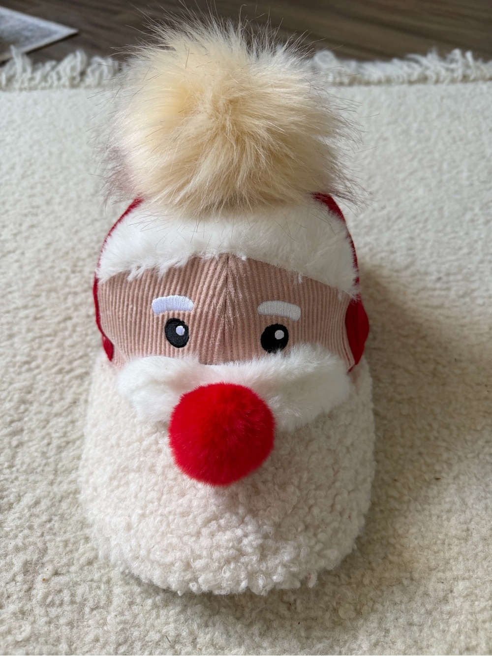 Plush Santa Claus Pom-Pom Hat— Cream & Red Christmas Xmas Holiday